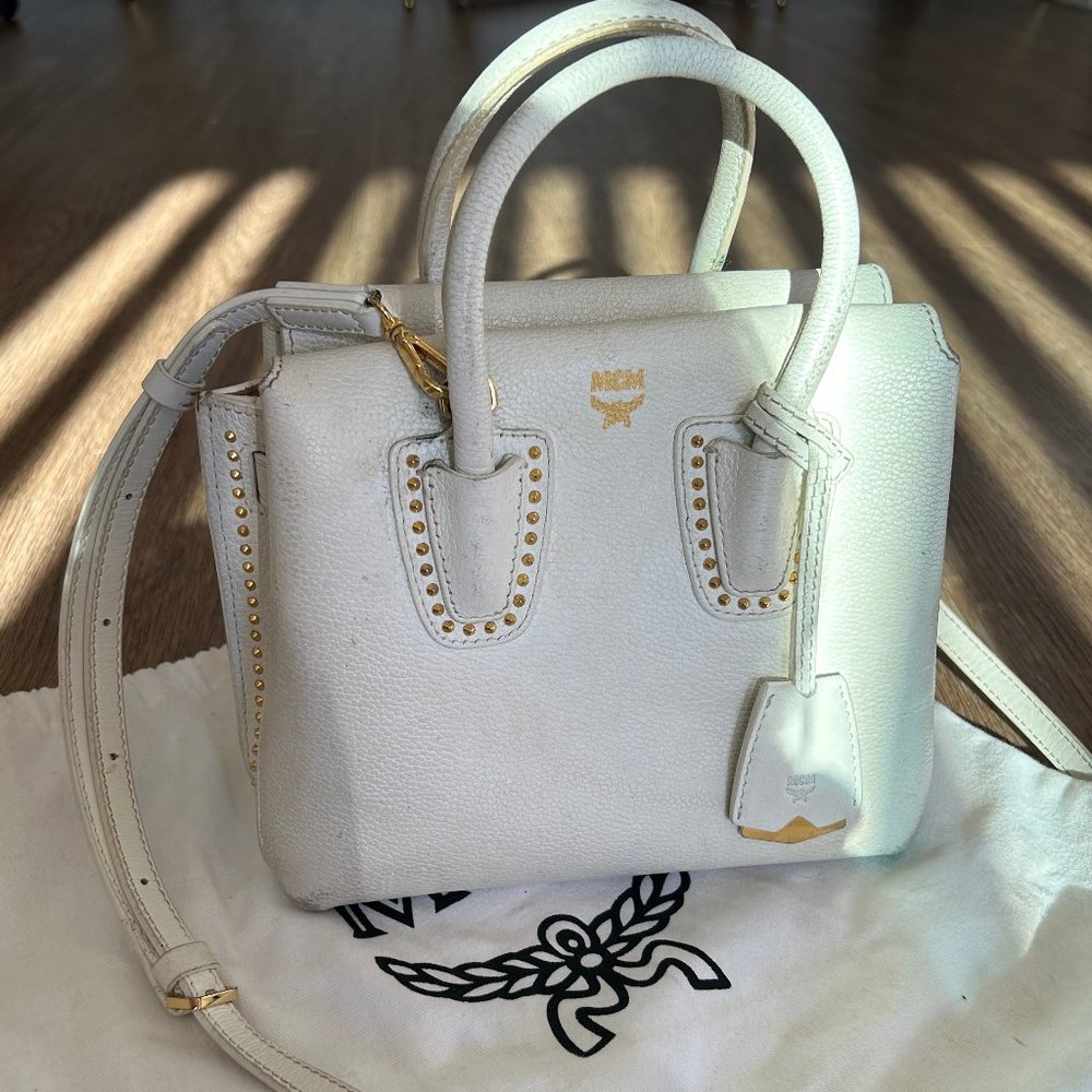 MCM Mini Milla White Crossbody Bag with Gold Accents